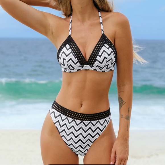 CUPSHE Crochet Chevron Bikini Bottom Black White Medium - Picture 5 of 6
